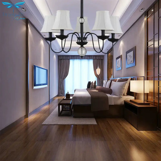 Empire Shade Bedroom Chandelier Light Traditional White Fabric 3/5/6 Lights Black Ceiling Pendant