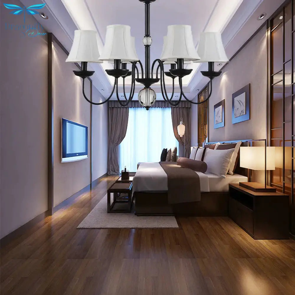 Empire Shade Bedroom Chandelier Light Traditional White Fabric 3/5/6 Lights Black Ceiling Pendant