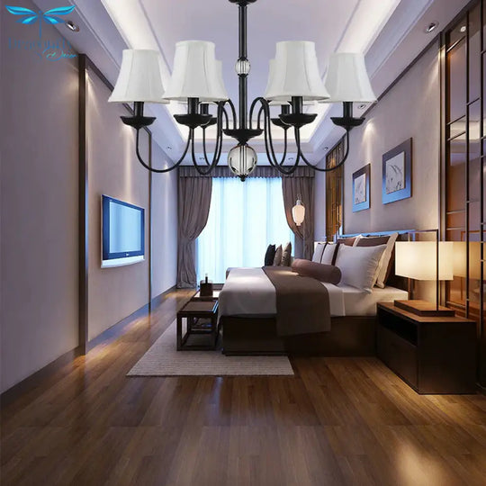 Empire Shade Bedroom Chandelier Light Traditional White Fabric 3/5/6 Lights Black Ceiling Pendant