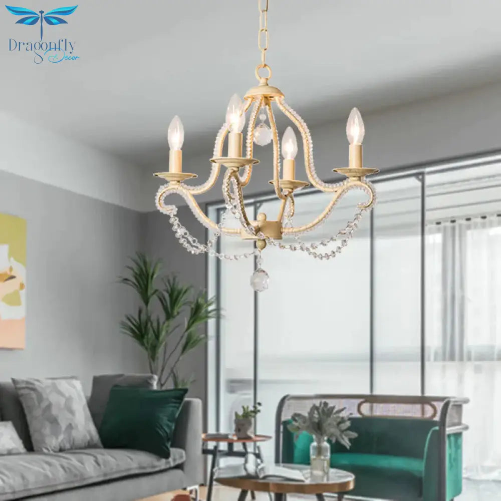 Empire Shade Bedroom Hanging Light Fixture Traditional Crystal Beaded 4 Heads Beige Chandelier
