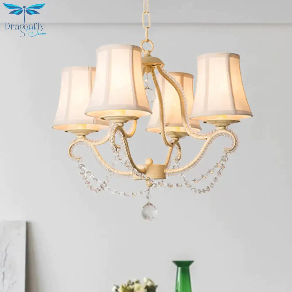 Empire Shade Bedroom Hanging Light Fixture Traditional Crystal Beaded 4 Heads Beige Chandelier