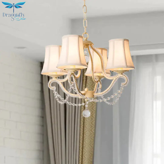 Empire Shade Bedroom Hanging Light Fixture Traditional Crystal Beaded 4 Heads Beige Chandelier