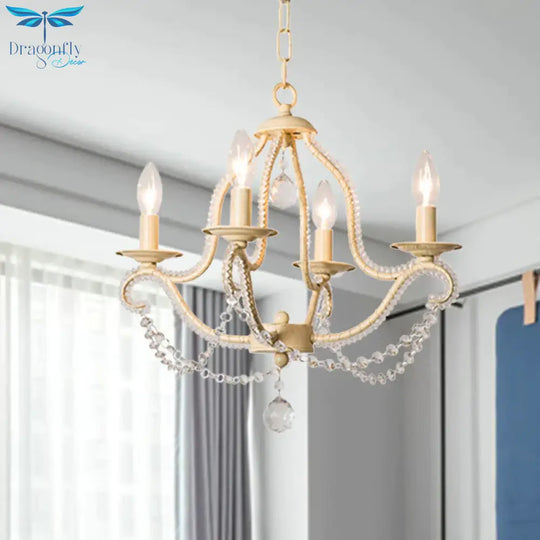 Empire Shade Bedroom Hanging Light Fixture Traditional Crystal Beaded 4 Heads Beige Chandelier