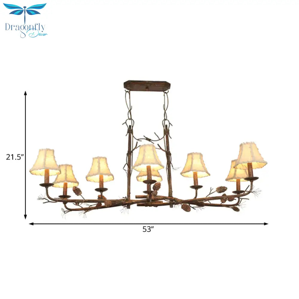 Empire Shade Chandelier Lamp Country Style 8 Lights Metal And Fabric Pendant Light In Rust