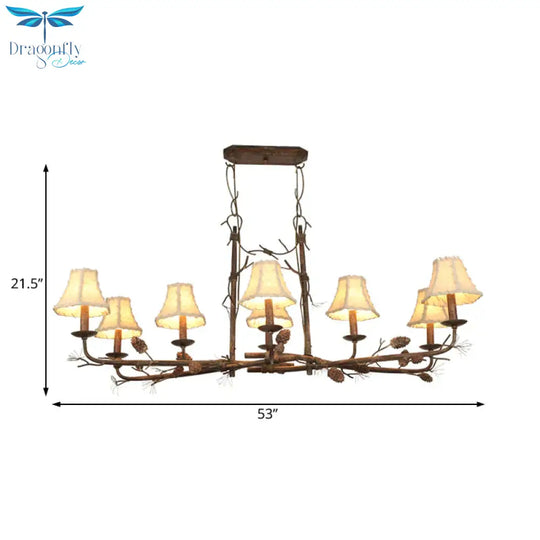 Empire Shade Chandelier Lamp Country Style 8 Lights Metal And Fabric Pendant Light In Rust