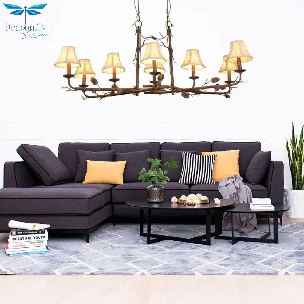 Empire Shade Chandelier Lamp Country Style 8 Lights Metal And Fabric Pendant Light In Rust
