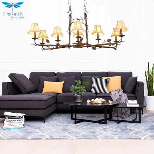 Empire Shade Chandelier Lamp Country Style 8 Lights Metal And Fabric Pendant Light In Rust