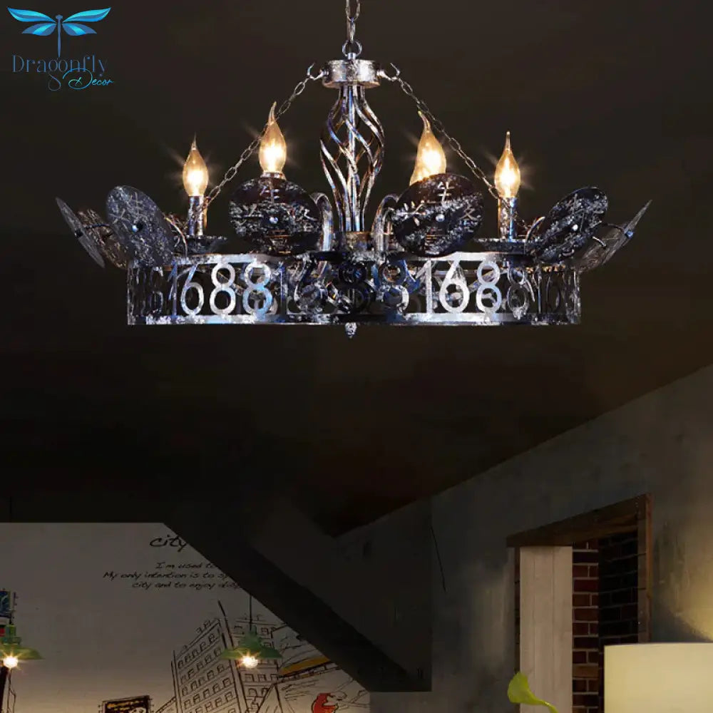 Etched Circular Coffee Shop Hanging Light Antique Wrought Iron 6 Heads Rust Chandelier Lamp With
