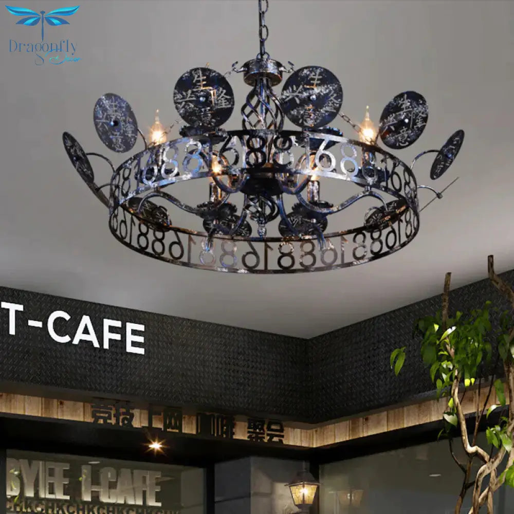 Etched Circular Coffee Shop Hanging Light Antique Wrought Iron 6 Heads Rust Chandelier Lamp With