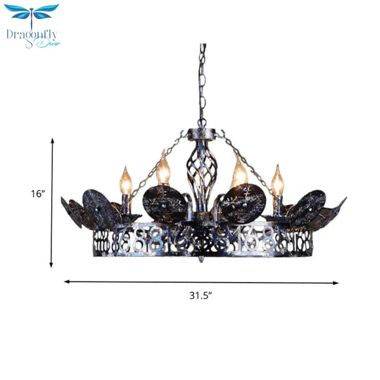 Etched Circular Coffee Shop Hanging Light Antique Wrought Iron 6 Heads Rust Chandelier Lamp With