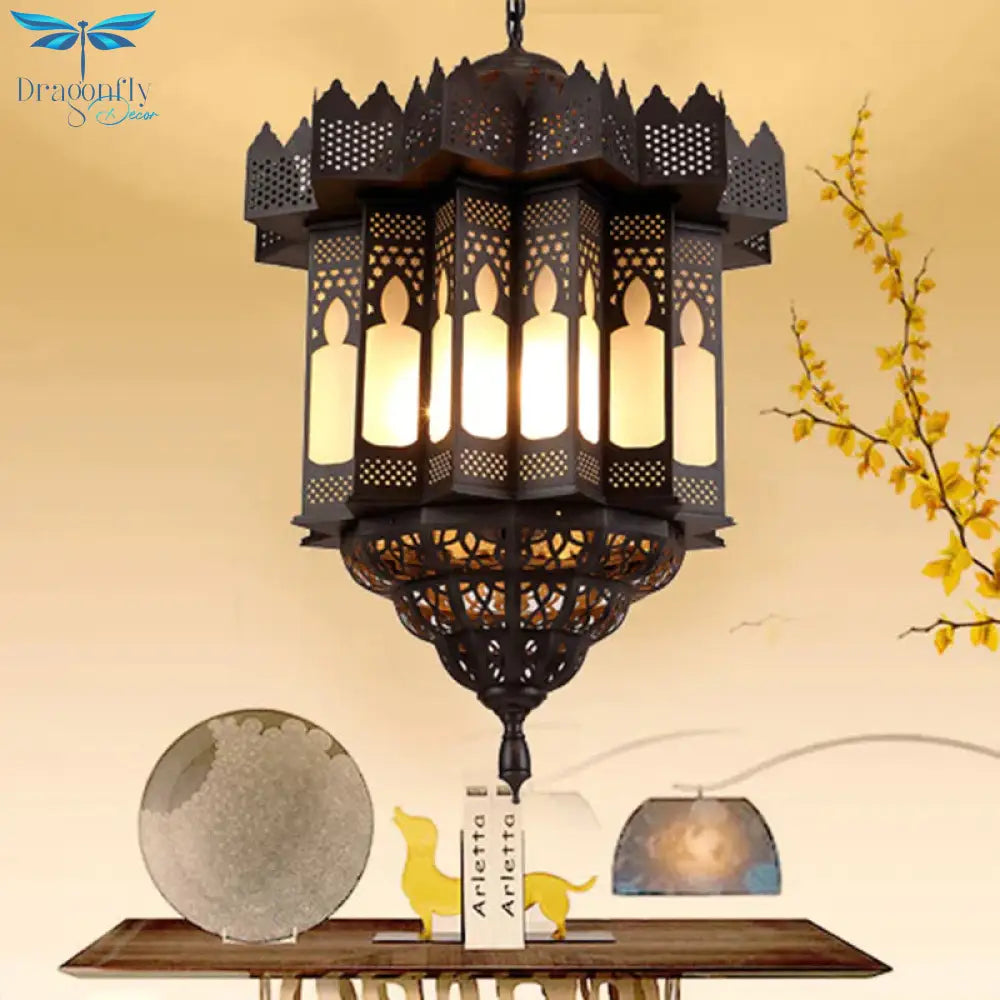 Etched Lantern Dining Room Chandelier Light Art Deco Frosted Glass 3 - Bulb Black Finish Ceiling