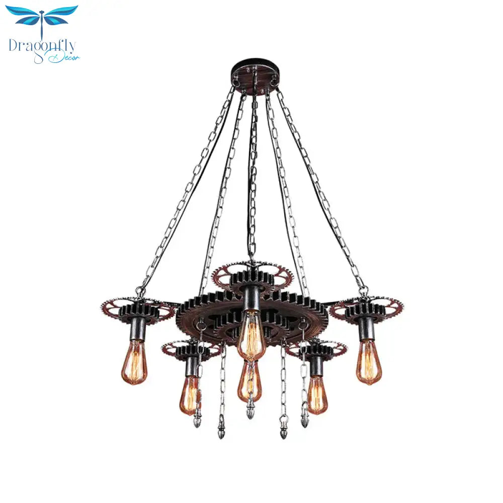 Exposed Bulb Metal Light Chandelier Industrial 6 Dining Room Pendant Lighting In Silver/Bronze With