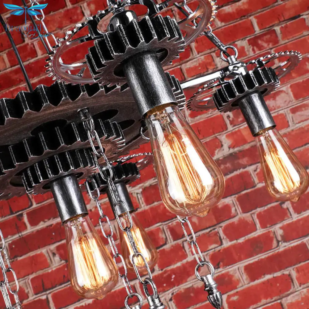 Exposed Bulb Metal Light Chandelier Industrial 6 Dining Room Pendant Lighting In Silver/Bronze With