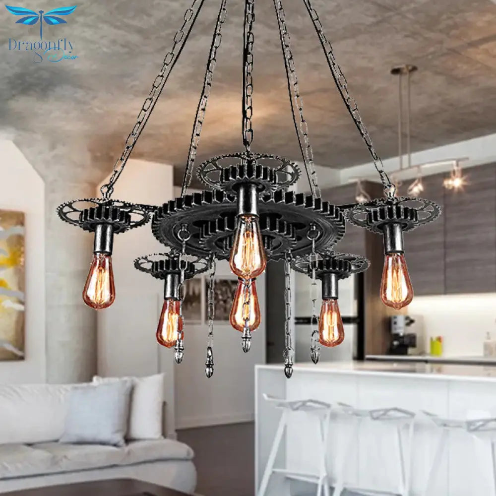Exposed Bulb Metal Light Chandelier Industrial 6 Dining Room Pendant Lighting In Silver/Bronze With