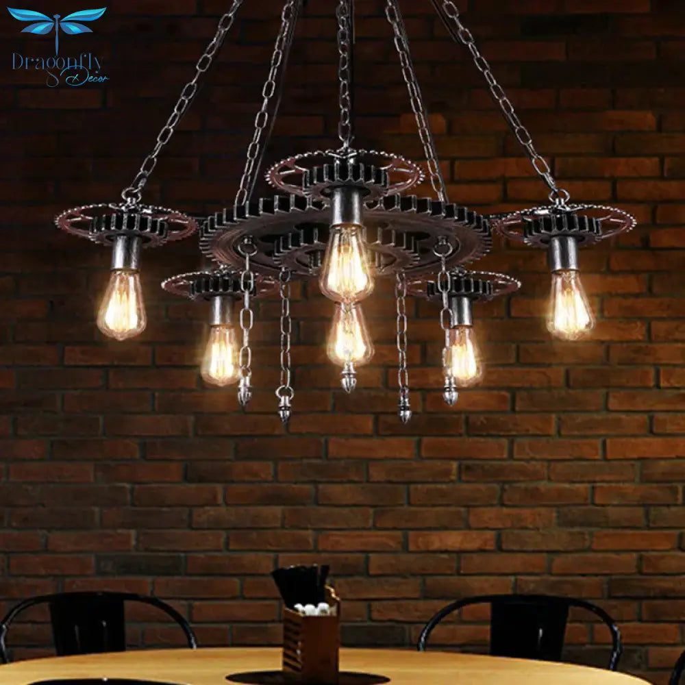 Exposed Bulb Metal Light Chandelier Industrial 6 Dining Room Pendant Lighting In Silver/Bronze With