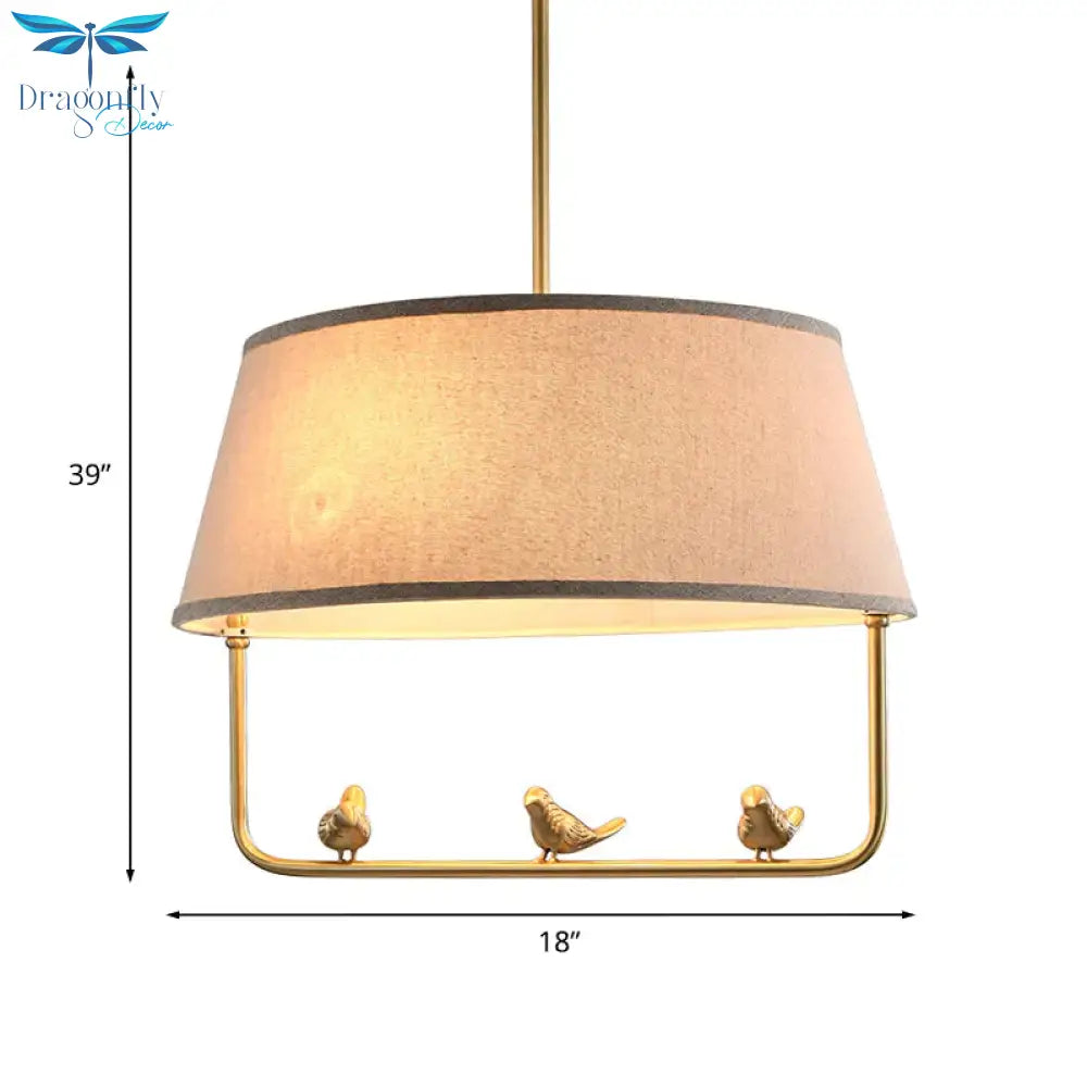 Fabric Beige Ceiling Chandelier Drum Shade 3 Heads Rustic Style Suspension Pendant With Bottom