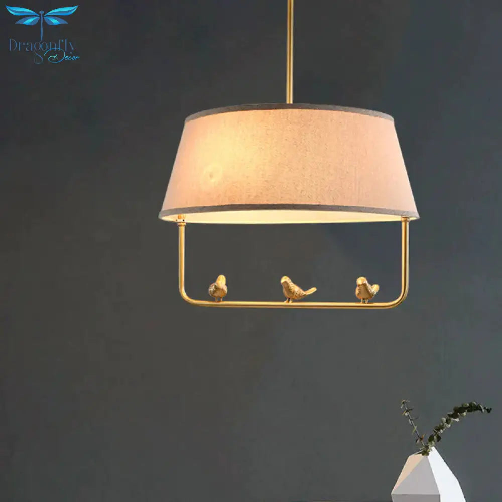 Fabric Beige Ceiling Chandelier Drum Shade 3 Heads Rustic Style Suspension Pendant With Bottom