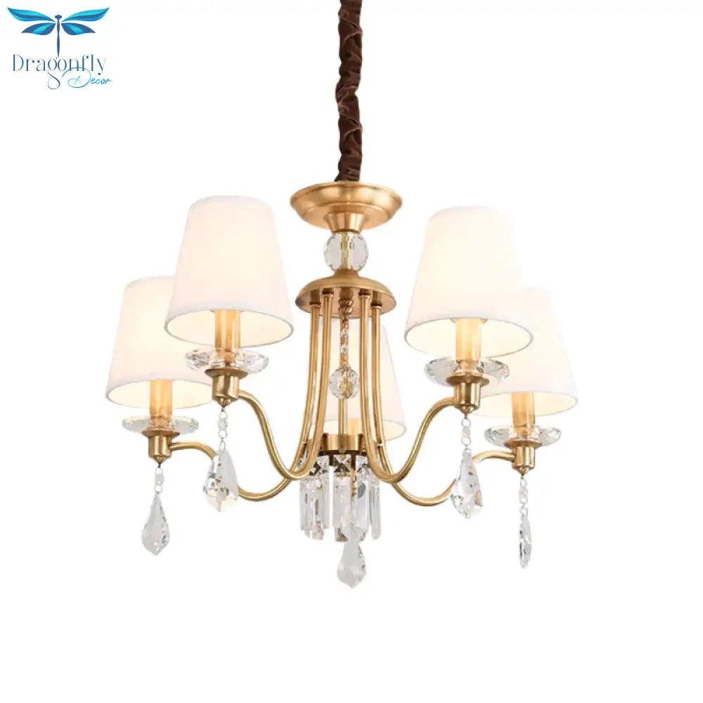 Fabric Brass Chandelier Lamp Barrel 5 Heads Traditional Hanging Light With Crystal Draping