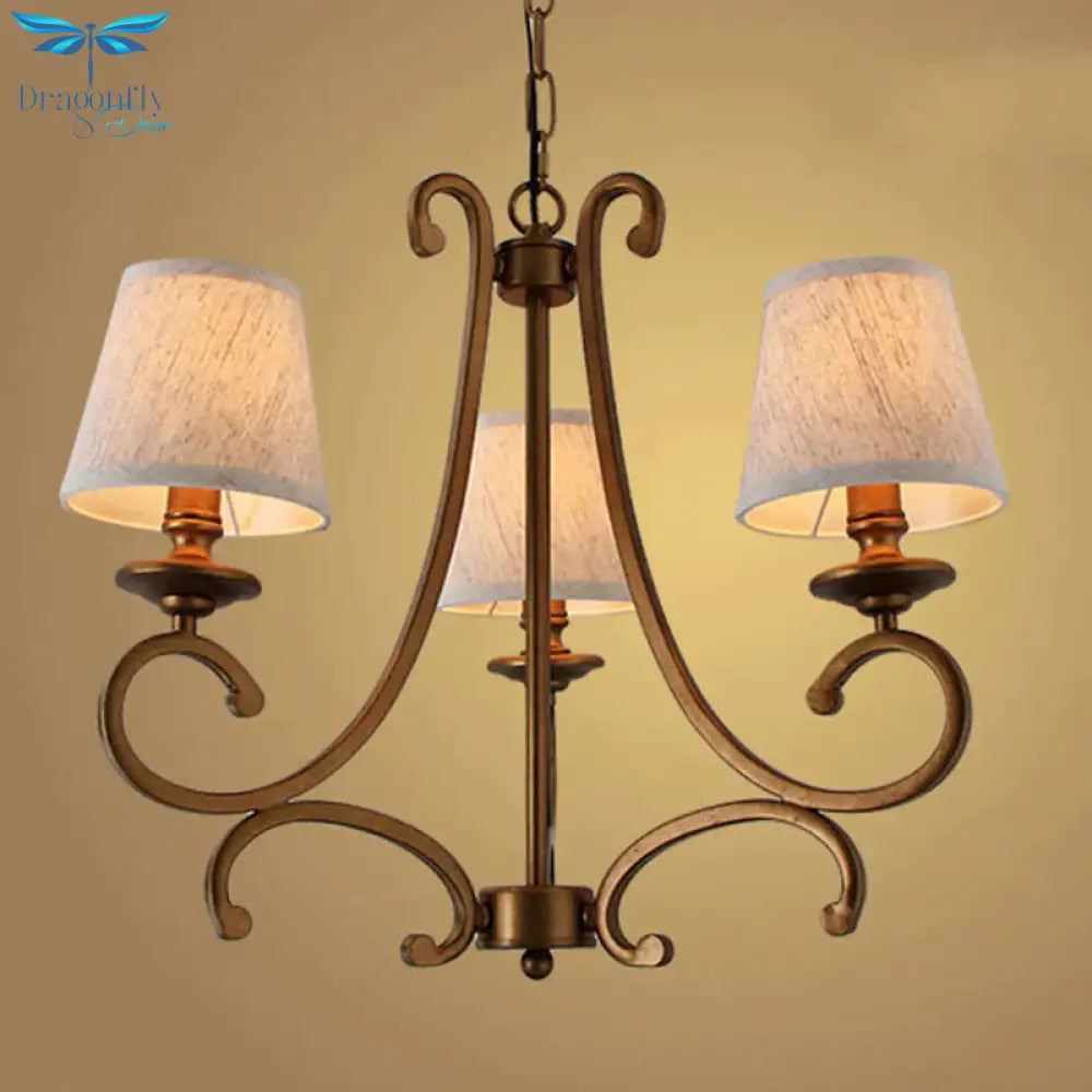 Fabric Brass Chandelier Pendant Light Conic 3/6 - Light Country Ceiling Suspension Lamp With