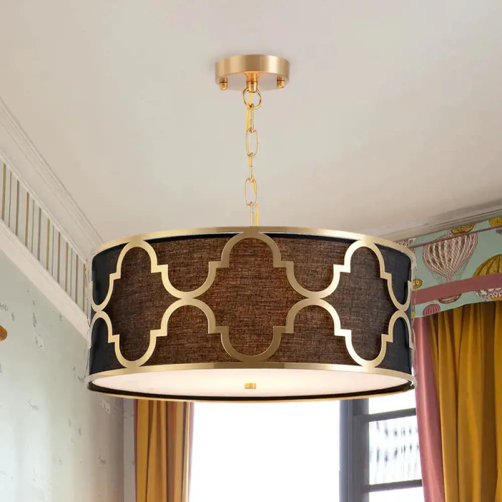 Fabric Brown Chandelier Pendant Drum Shaped 4/5 Bulbs Traditional Hanging Light Kit With Quatrefoil