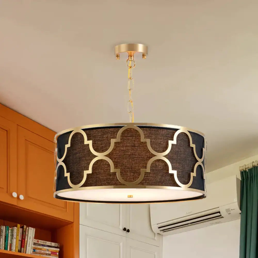 Fabric Brown Chandelier Pendant Drum Shaped 4/5 Bulbs Traditional Hanging Light Kit With Quatrefoil