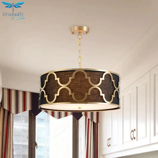 Fabric Brown Chandelier Pendant Drum Shaped 4/5 Bulbs Traditional Hanging Light Kit With Quatrefoil