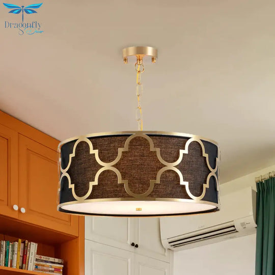 Fabric Brown Chandelier Pendant Drum Shaped 4/5 Bulbs Traditional Hanging Light Kit With Quatrefoil