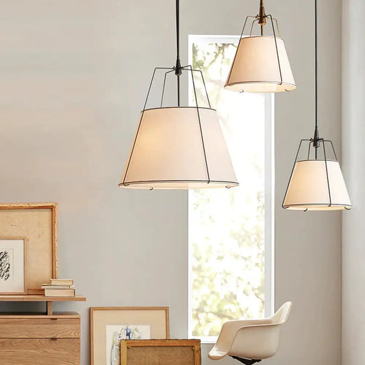 Fabric Cone Hanging Lamp Vintage 2 Lights Dining Room Chandelier Pendant Light In White