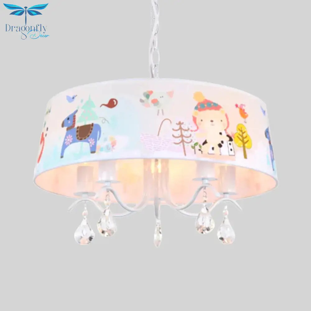 Fabric Drum Ceiling Chandelier Cartoon 5 Lights Blue Hanging Lamp Kit With Animals Pattern And