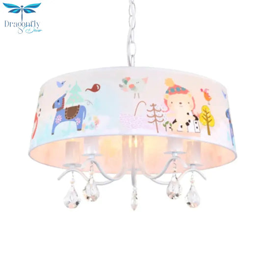 Fabric Drum Ceiling Chandelier Cartoon 5 Lights Blue Hanging Lamp Kit With Animals Pattern And