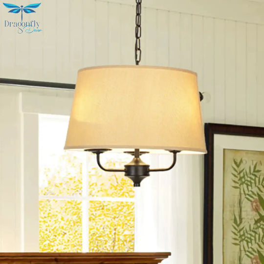 Fabric Drum Shade Hanging Chandelier Traditional 3 Lights Bedroom Pendant Light In Flaxen/White
