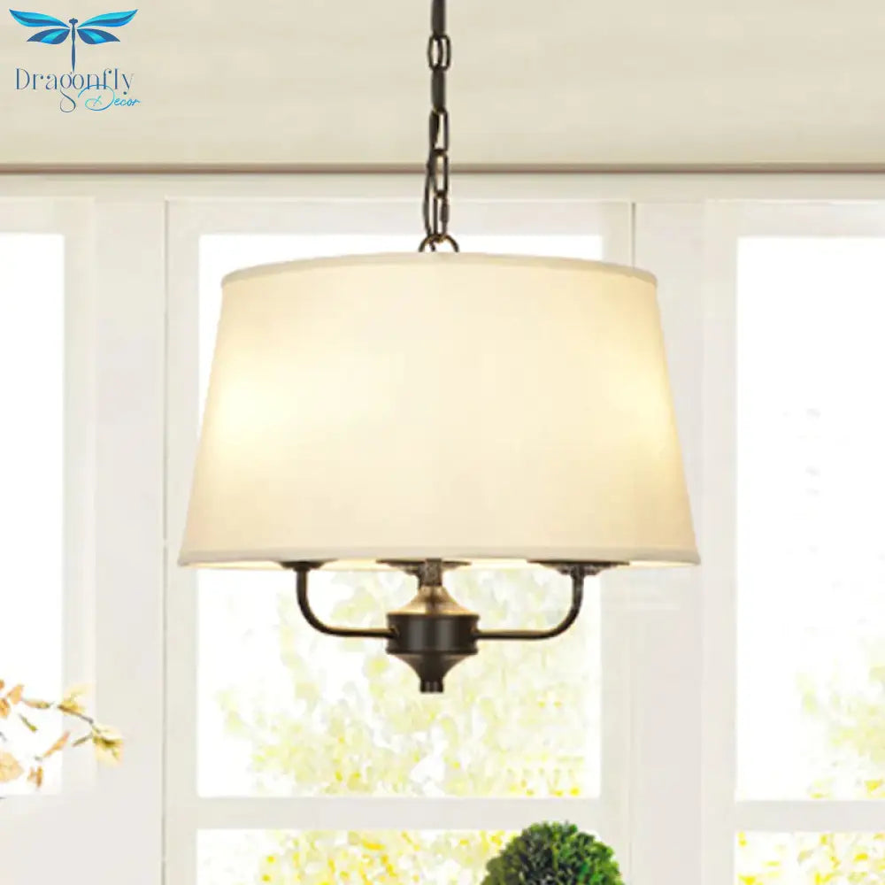 Fabric Drum Shade Hanging Chandelier Traditional 3 Lights Bedroom Pendant Light In Flaxen/White