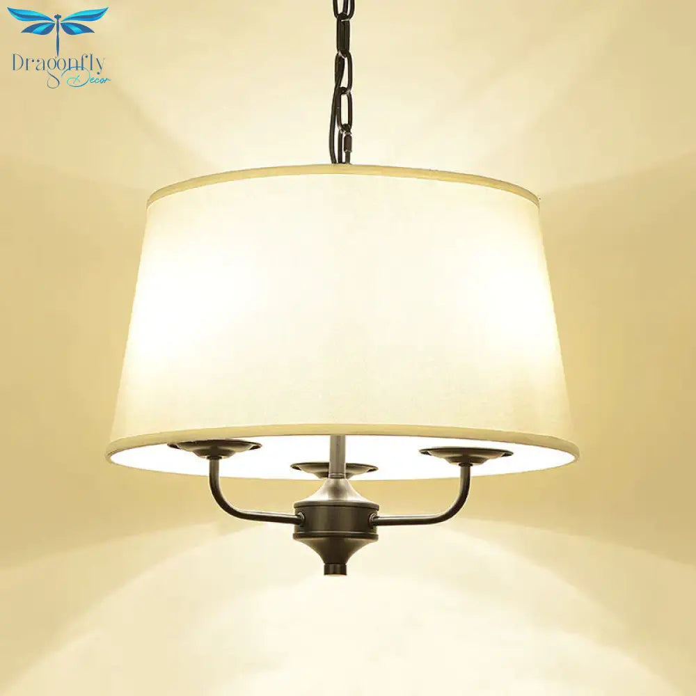 Fabric Drum Shade Hanging Chandelier Traditional 3 Lights Bedroom Pendant Light In Flaxen/White
