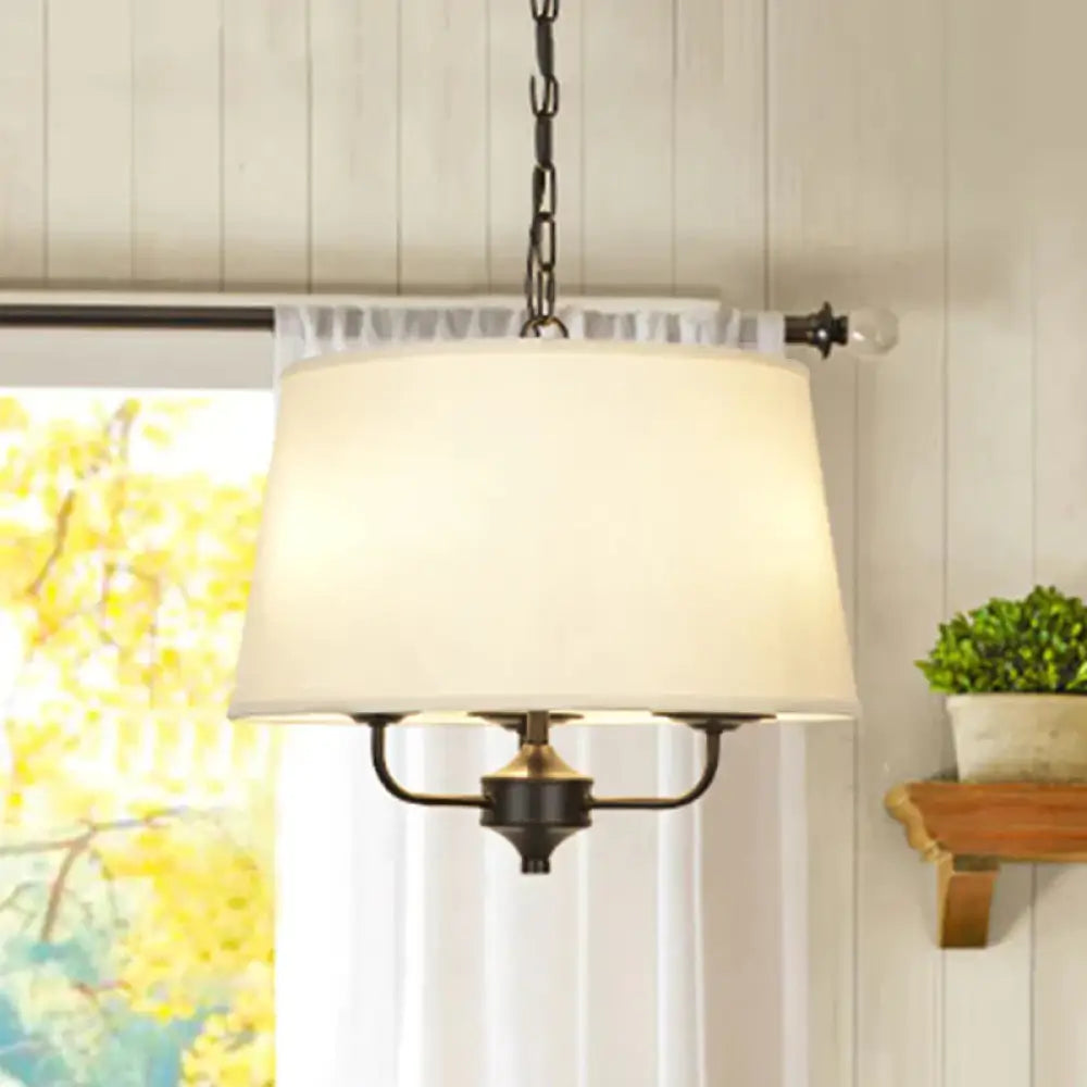Fabric Drum Shade Hanging Chandelier Traditional 3 Lights Bedroom Pendant Light In Flaxen/White