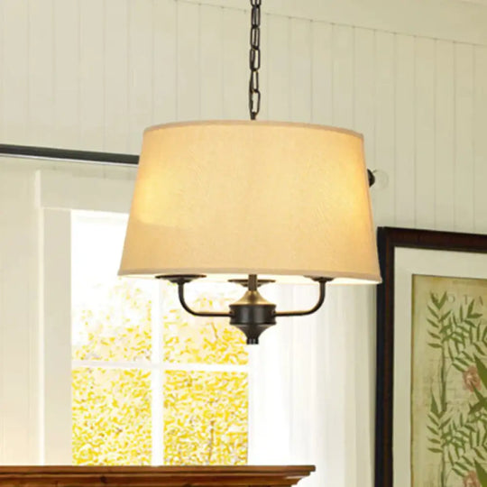 Fabric Drum Shade Hanging Chandelier Traditional 3 Lights Bedroom Pendant Light In Flaxen/White