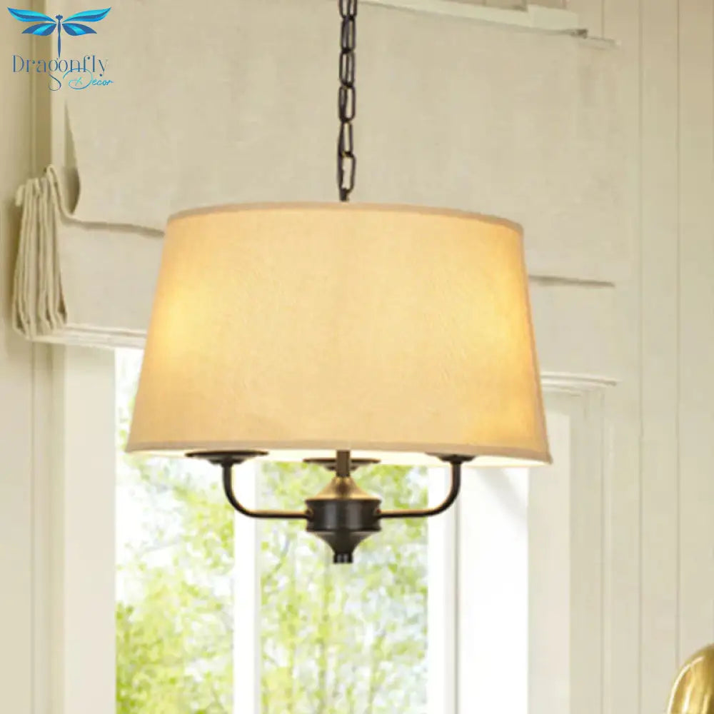 Fabric Drum Shade Hanging Chandelier Traditional 3 Lights Bedroom Pendant Light In Flaxen/White