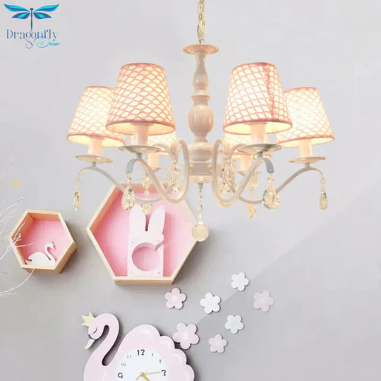 Fabric Pink Hanging Chandelier Tapered 6 Lights Traditional Down Lighting Pendant With Crystal