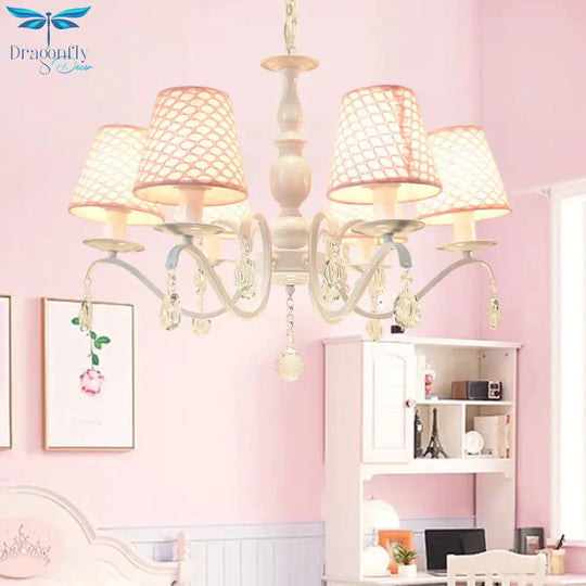 Fabric Pink Hanging Chandelier Tapered 6 Lights Traditional Down Lighting Pendant With Crystal