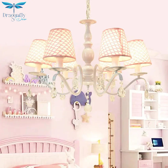 Fabric Pink Hanging Chandelier Tapered 6 Lights Traditional Down Lighting Pendant With Crystal