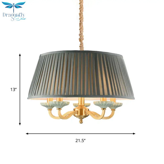 Fabric Pleated Drum Ceiling Chandelier Country 5 - Head Dining Room Hanging Pendant Light In Gray
