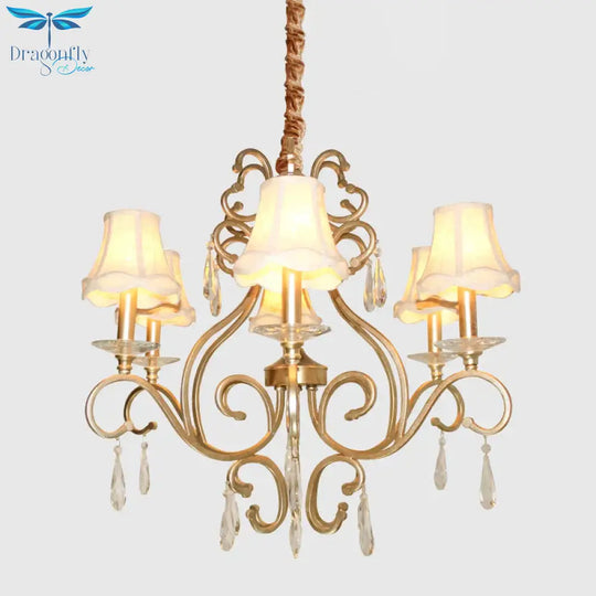 Fabric Shade Crystal Teardrop Chandelier Traditional 6 - Bulb Hallway Ceiling Light In Gold