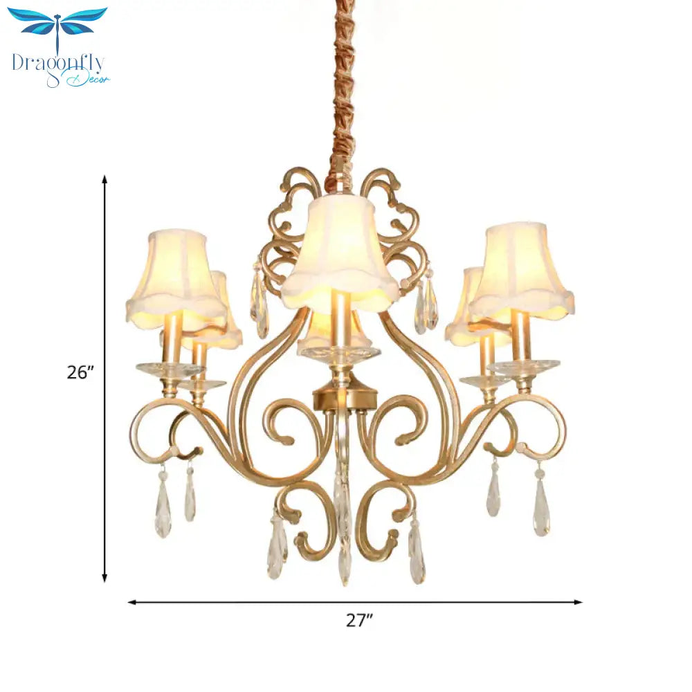 Fabric Shade Crystal Teardrop Chandelier Traditional 6 - Bulb Hallway Ceiling Light In Gold