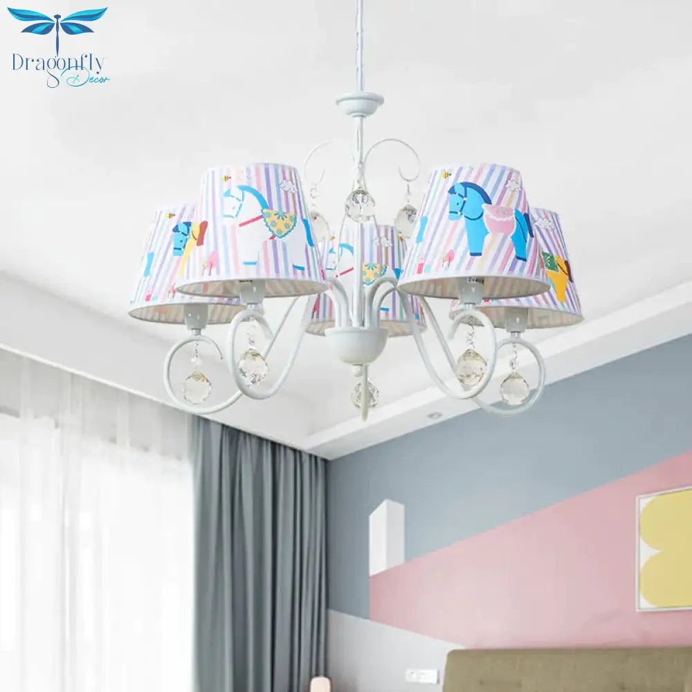 Fabric Tapered Ceiling Pendant Cartoon 5 Lights White Hanging Chandelier With Horse Pattern And