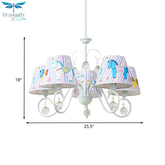 Fabric Tapered Ceiling Pendant Cartoon 5 Lights White Hanging Chandelier With Horse Pattern And