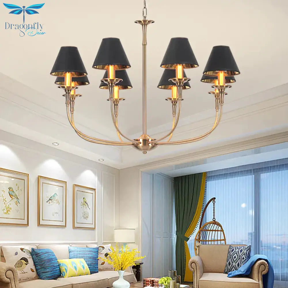 Fabric Tapered Chandelier Pendant Contemporary 3/4/6 Heads Black And Gold Hanging Ceiling Light