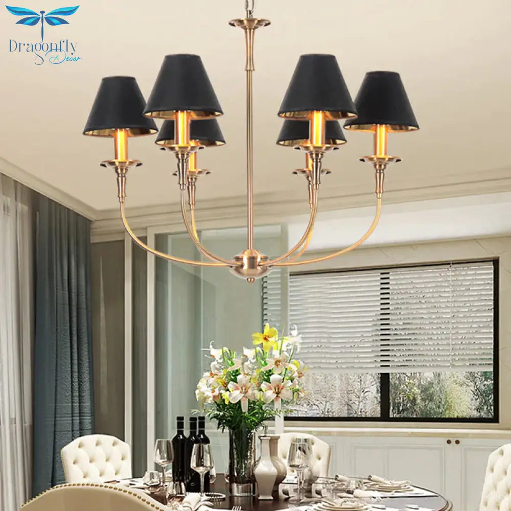 Fabric Tapered Chandelier Pendant Contemporary 3/4/6 Heads Black And Gold Hanging Ceiling Light