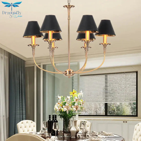 Fabric Tapered Chandelier Pendant Contemporary 3/4/6 Heads Black And Gold Hanging Ceiling Light