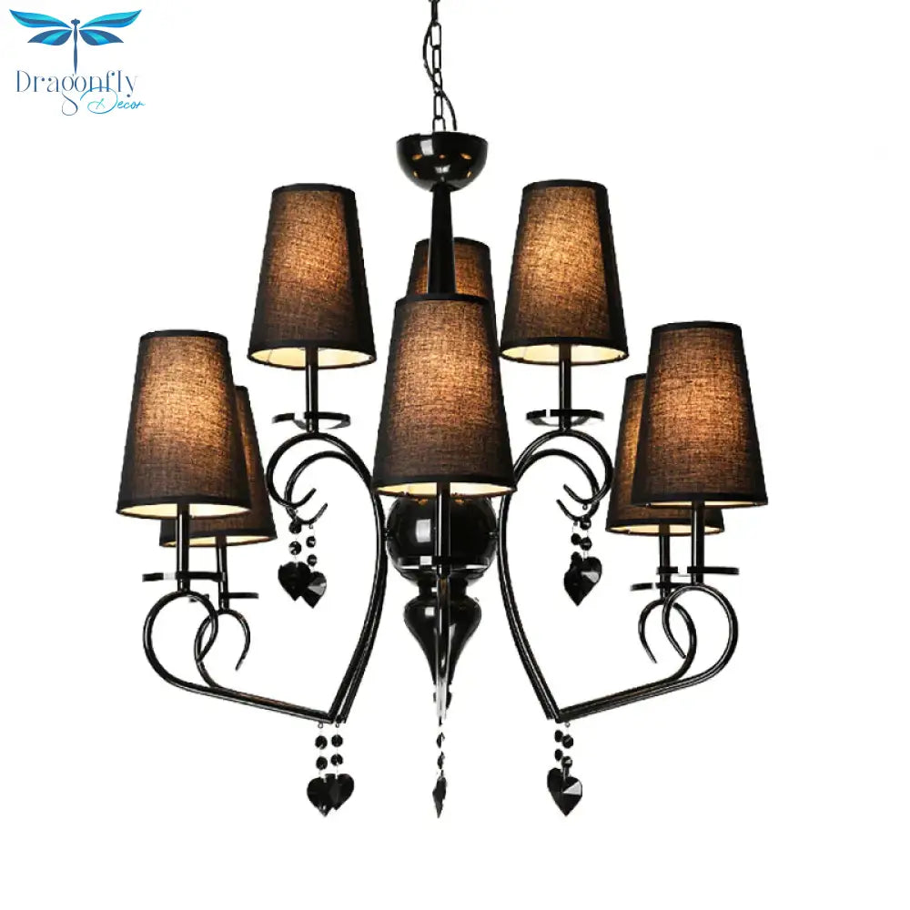 Fabric Tapered Hanging Ceiling Light Rustic 6/9 Lights Living Room Chandelier In Black