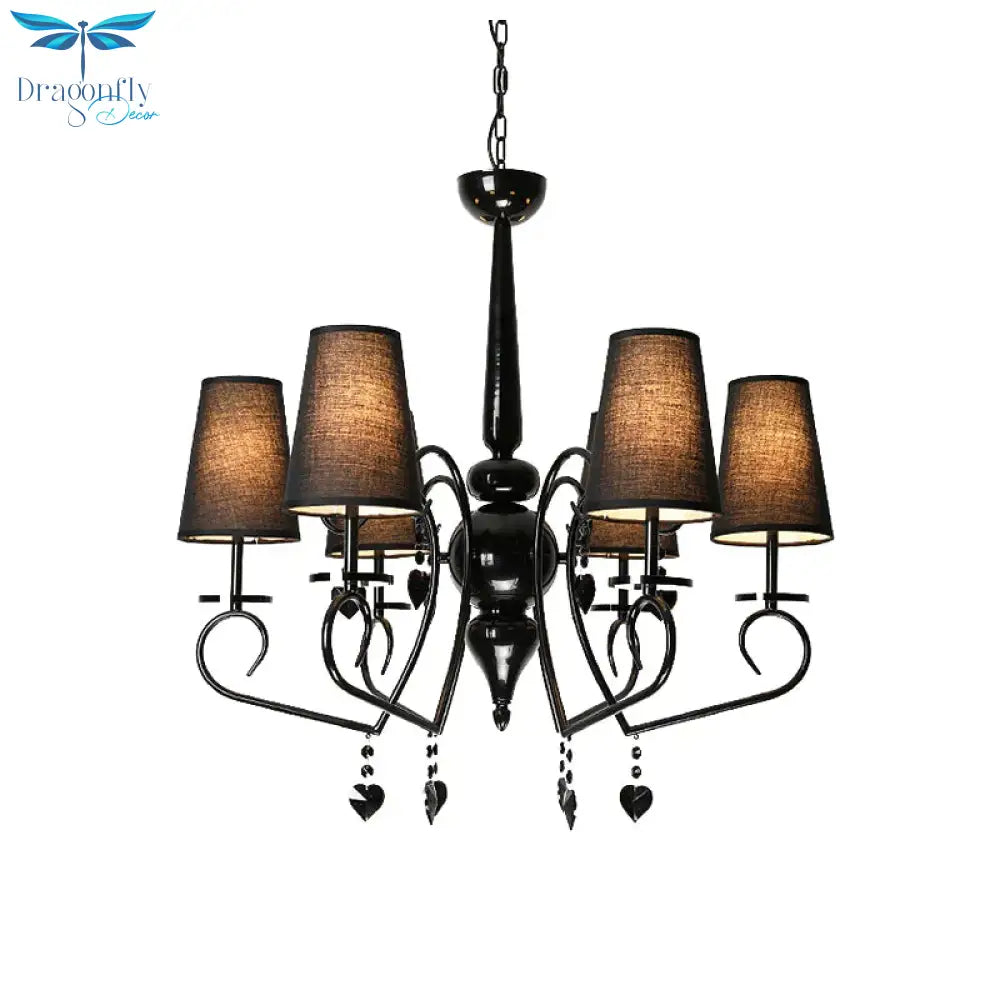 Fabric Tapered Hanging Ceiling Light Rustic 6/9 Lights Living Room Chandelier In Black