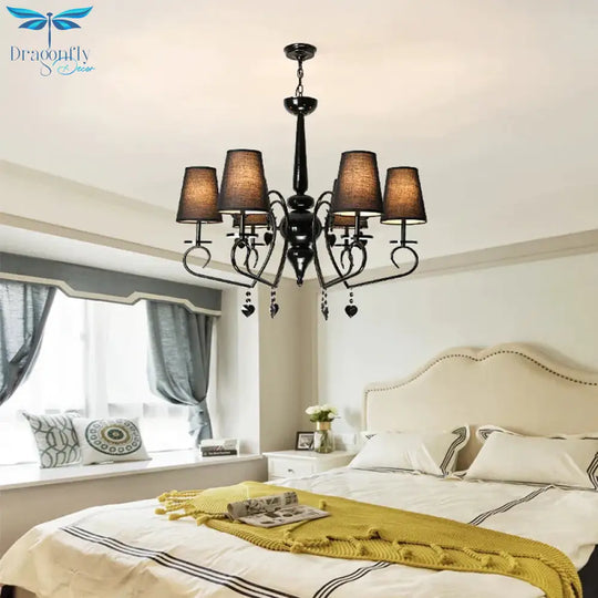 Fabric Tapered Hanging Ceiling Light Rustic 6/9 Lights Living Room Chandelier In Black